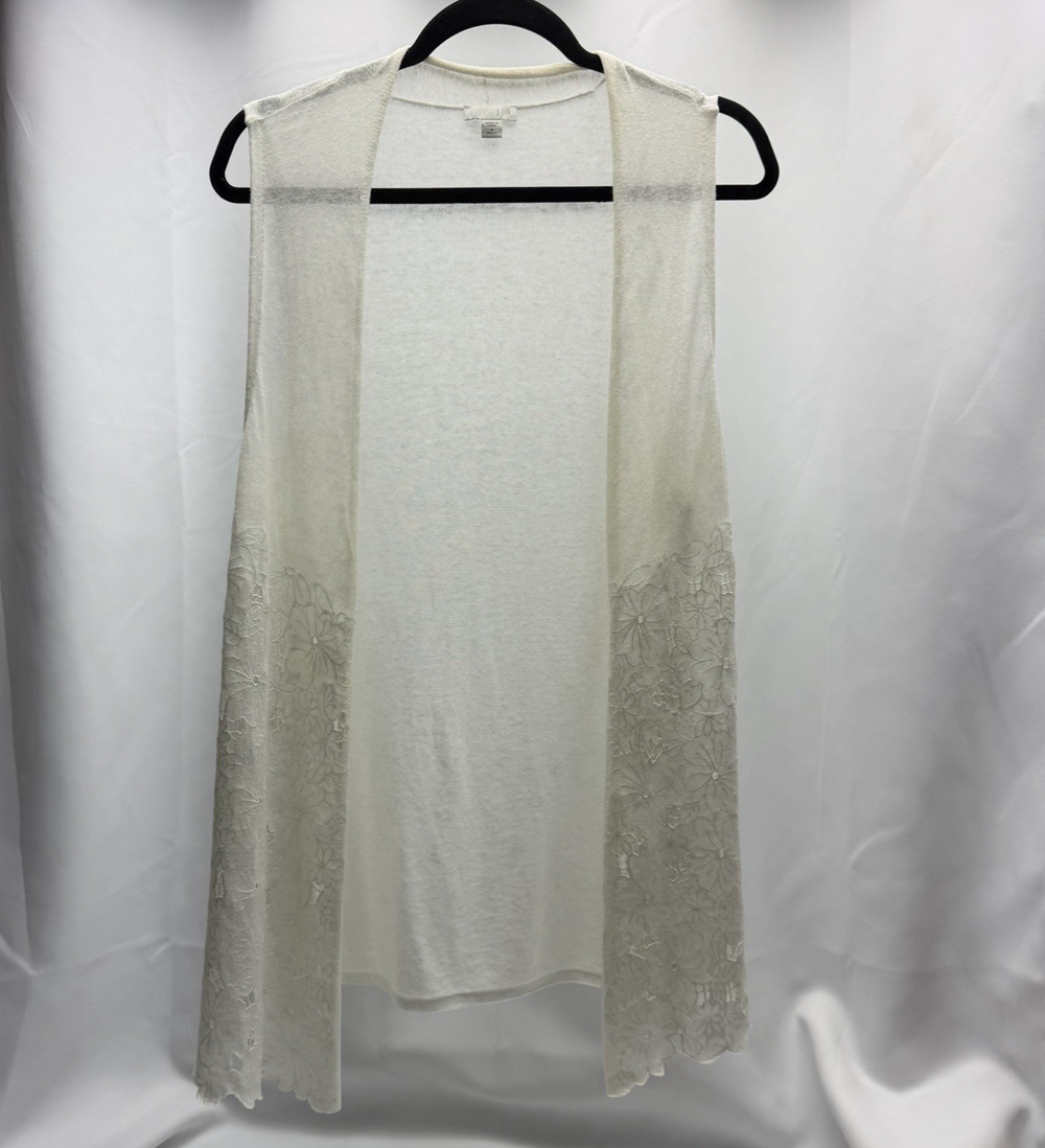 J Jill Linen Vest Women M Ivory Floral Lace Embroidered Long Open Front Boho